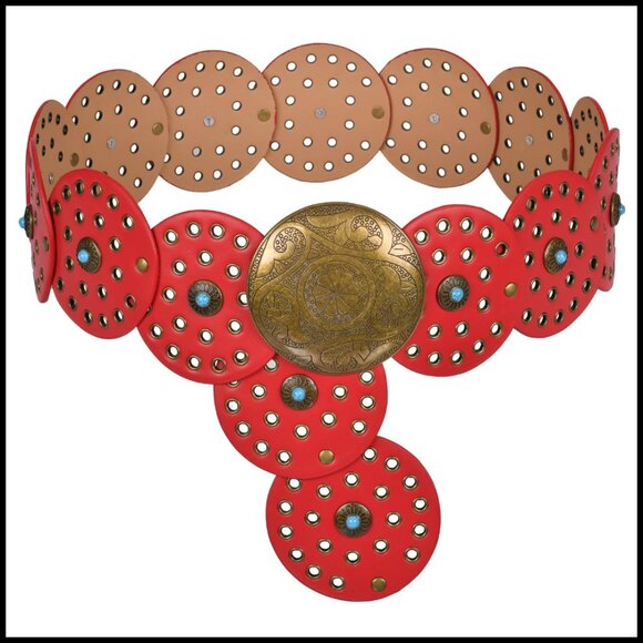 Western Boho Cowgirl Wide Disc Belt Turquoise Concho Faux Leather Adjustable